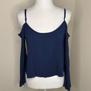 Body Central Dark Blue Cold Shoulder Cropped Blouse. Medium